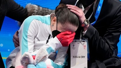 Kamila Valieva, of the Russian Olympic Committee, reacts after competing in the women's free skate program during the figure skating competition | Image for representation (AP) Kamila Valieva, of the Russian Olympic Committee, reacts after competing in the women's free skate program during the figure skating competition | Image for representation (AP)