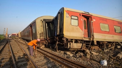 Derailed coaches of North East Express near Raghunathpur railway station, in Buxar district, Thursday, Oct. 12, 2023. (PTI File)