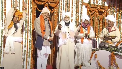 PM Modi and Uttarakhand Chief Minister Pushkar Singh Dhami at Parvati Kund, in Pithoragarh. PM Modi was seen donning a traditional tribal attire, which included a turban and 'ranga' (upper body garment). (PTI) PM Modi and Uttarakhand Chief Minister Pushkar Singh Dhami at Parvati Kund, in Pithoragarh. PM Modi was seen donning a traditional tribal attire, which included a turban and 'ranga' (upper body garment). (PTI)