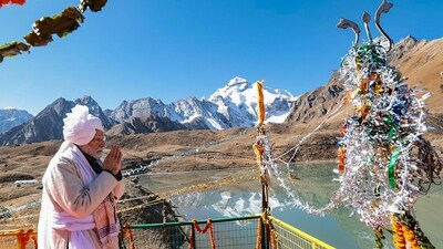 PM Modi performed an 'aarti' and blew the conch shell at the Shiva-Parvati temple situated along the banks of Parvati Kund in Jolingkong. (PTI) PM Modi performed an 'aarti' and blew the conch shell at the Shiva-Parvati temple situated along the banks of Parvati Kund in Jolingkong. (PTI)