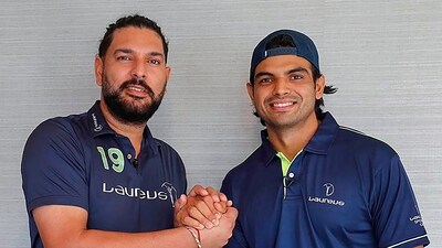 Olympic gold medal javelin thrower Neeraj Chopra and former India all-rounder Yuvraj Singh after the former was named new Laureus Ambassador (PTI) Olympic gold medal javelin thrower Neeraj Chopra and former India all-rounder Yuvraj Singh after the former was named new Laureus Ambassador (PTI)