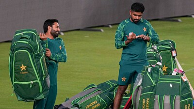Pakistan's captain Babar Azam and Rizwan attend a practice session. (PTI) Pakistan's captain Babar Azam and Rizwan attend a practice session. (PTI)