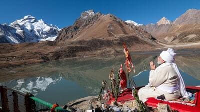 Prime Minister Narendra Modi offering prayers at Parvati Kund in front of the holy Adi Kailash mountain in Pithoragarh district. Prime Minister Narendra Modi offering prayers at Parvati Kund in front of the holy Adi Kailash mountain in Pithoragarh district.