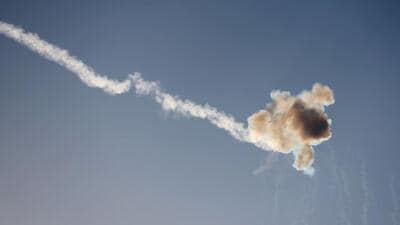Rockets fired from the Gaza Strip are intercepted by Israel's Iron Dome defence missile system over the southern Israeli city of Sderot on October 12. Thousands of people, both Israeli and Palestinians have died since October 7, after Palestinian Hamas militants entered Israel in a surprise attack (AFP) Rockets fired from the Gaza Strip are intercepted by Israel's Iron Dome defence missile system over the southern Israeli city of Sderot on October 12. Thousands of people, both Israeli and Palestinians have died since October 7, after Palestinian Hamas militants entered Israel in a surprise attack (AFP)