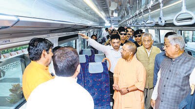 Uttar Pradesh chief minister Yogi Adityanath inside a RapidX train in Ghaziabad on Thursday. (Sakib Ali/HT Photo) Uttar Pradesh chief minister Yogi Adityanath inside a RapidX train in Ghaziabad on Thursday. (Sakib Ali/HT Photo)