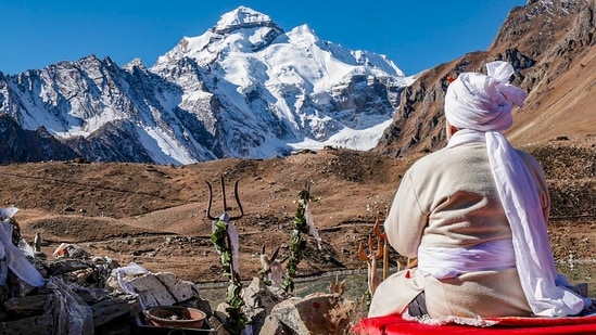 PM Modi also briefly sat in meditation with folded hands, in front of both the Adi Kailash peak and in Jolingkong.&nbsp;(PTI)