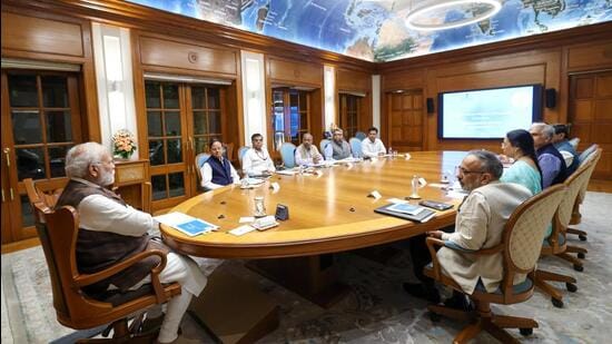 Prime Minister Narendra Modi at a meeting with top government officials in New Delhi on October 10. (HT Photo)