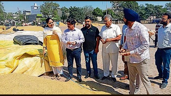 SDM Manjeet Kaur with other officials at a grain mandi in Jagraon on Thursday. (HT Photo)