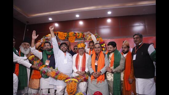 U.P. BJP chief Bhupendra Chaudhary and other leaders at the ‘Sufi Samvad’ meeting in Lucknow on October 12. (Sourced)