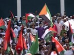 Muslims protest against Israel's military operations in Gaza and to support the Palestinian people.