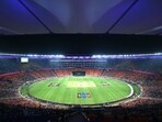This picture shows a general view of the Narendra Modi Stadium during the 2023 ICC men's cricket World Cup one-day international (ODI) match between England and New Zealand This picture shows a general view of the Narendra Modi Stadium during the 2023 ICC men's cricket World Cup one-day international (ODI) match between England and New Zealand