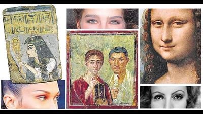 (Clockwise from bottom left) Bella Hadid’s straight brow; an Egyptian wall painting depicts thick, bold brows; bushy brows on ’80s icon Brooke Shields; the barely-there eyebrows of the Renaissance, in Leonardo da Vinci’s Mona Lisa; Greta Garbo of the silent era; a Roman mural of a couple from Pompeii sporting the unibrow. (Wikimedia Commons; Getty Images) (Clockwise from bottom left) Bella Hadid’s straight brow; an Egyptian wall painting depicts thick, bold brows; bushy brows on ’80s icon Brooke Shields; the barely-there eyebrows of the Renaissance, in Leonardo da Vinci’s Mona Lisa; Greta Garbo of the silent era; a Roman mural of a couple from Pompeii sporting the unibrow. (Wikimedia Commons; Getty Images)