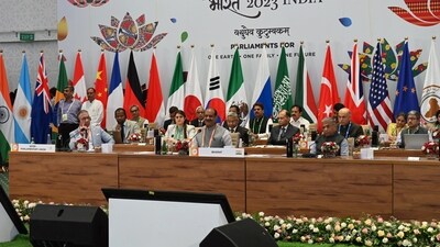 Lok Sabha Speaker Om Birla addresses the Parliamentary Forum on 'LiFE: Lifestyle for Environment' ahead of the P20 Summit, at Yashobhoomi Convention Centre in New Delhi on Thursday. (ANI Photo) (Om birla twitter) Lok Sabha Speaker Om Birla addresses the Parliamentary Forum on 'LiFE: Lifestyle for Environment' ahead of the P20 Summit, at Yashobhoomi Convention Centre in New Delhi on Thursday. (ANI Photo) (Om birla twitter)