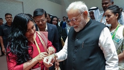 President of Senate Mexico Ana Lilia Rivera Rivera ties a Rakhi on Prime Minister Narendra Modi's hand, on the sidelines of the P20 Summit. (ANI) President of Senate Mexico Ana Lilia Rivera Rivera ties a Rakhi on Prime Minister Narendra Modi's hand, on the sidelines of the P20 Summit. (ANI)