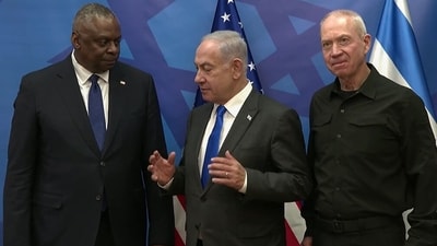 US Defense Secretary Lloyd Austin meets with Israeli Prime Minister Netanyahu, in Tel Aviv on Friday. US Defense Secretary Lloyd Austin meets with Israeli Prime Minister Netanyahu, in Tel Aviv on Friday.