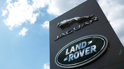 The Jaguar Land Rover logo is seen at a dealership in Milton Keynes, Britain. (REUTERS)