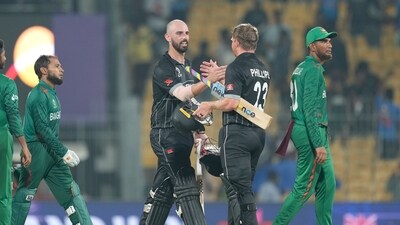 New Zealand made it three out of three in their ongoing 2023 ODI World Cup campaign with a eight-wicket win vs Bangladesh, in Chennai on Friday. (AP) New Zealand made it three out of three in their ongoing 2023 ODI World Cup campaign with a eight-wicket win vs Bangladesh, in Chennai on Friday. (AP)