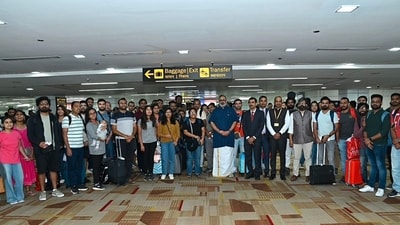Union Minister of State for Electronics and Information Technology Rajeev Chandrasekhar was present at the airport to welcome them. (PTI) Union Minister of State for Electronics and Information Technology Rajeev Chandrasekhar was present at the airport to welcome them. (PTI)