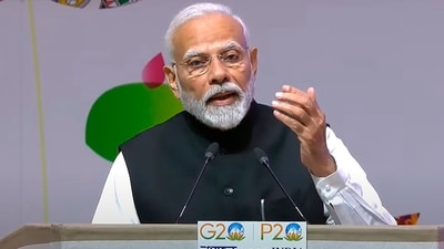 Prime Minister Narendra Modi addresses the 9th G20 Parliamentary Speakers' Summit (P20) in New Delhi on October 13. (PTI) Prime Minister Narendra Modi addresses the 9th G20 Parliamentary Speakers' Summit (P20) in New Delhi on October 13. (PTI)