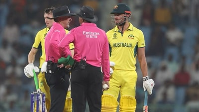 Marnus Labuschagne and Steve Smith talk to the on-field umpires Marnus Labuschagne and Steve Smith talk to the on-field umpires
