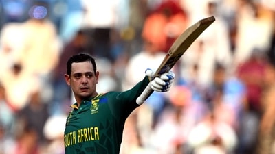 South Africa's Quinton de Kock celebrates after scoring a century (100 runs) during the 2023 ICC Men's Cricket World Cup one-day international (ODI) match between Australia and South Africa (AFP)