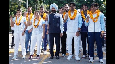 The Asian games medallists were felicitated at an event held at Chandigarh Press Club. (HT Photo) The Asian games medallists were felicitated at an event held at Chandigarh Press Club. (HT Photo)