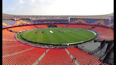 The Narendra Modi Stadium in Ahmedabad on the eve of the India and Pakistan match. (AFP) The Narendra Modi Stadium in Ahmedabad on the eve of the India and Pakistan match. (AFP)