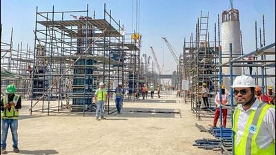 The construction site of the Noida International Airport in Jewar on Friday. (ANI) The construction site of the Noida International Airport in Jewar on Friday. (ANI)