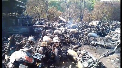 The gutted vehicles after a fire incident happened in Sunny Enclave police station. (HT Photo) The gutted vehicles after a fire incident happened in Sunny Enclave police station. (HT Photo)