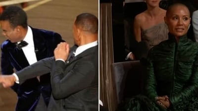Left- Will Smith smacking Chris Rock at Oscars. Right- Jada Pinkett Smith's reaction when Chris made a joke about her, seconds before the slap. Left- Will Smith smacking Chris Rock at Oscars. Right- Jada Pinkett Smith's reaction when Chris made a joke about her, seconds before the slap.
