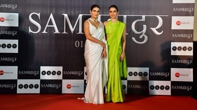 The Sam Bahadur teaser launch was a Dangal reunion of sorts for Fatima Sana Shaikh and Sanya Malhotra. Both the actors had made their Bollywood debuts with the 2016 hit film Dangal, directed by Nitesh Tiwari. The film also starred Aamir Khan and was based on the life of Mahavir Singh Phogat and his daughters, wrestlers Geeta Phogat and Babita Phogat. The Sam Bahadur teaser launch was a Dangal reunion of sorts for Fatima Sana Shaikh and Sanya Malhotra. Both the actors had made their Bollywood debuts with the 2016 hit film Dangal, directed by Nitesh Tiwari. The film also starred Aamir Khan and was based on the life of Mahavir Singh Phogat and his daughters, wrestlers Geeta Phogat and Babita Phogat. 