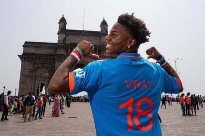 IShowSpeed poses for HT City wearing cricketer Virat Kohli's Indian jersey.