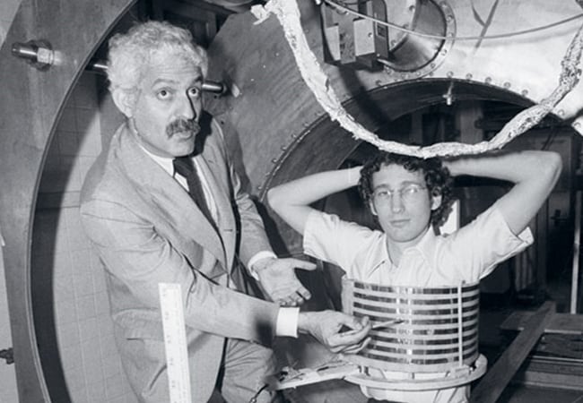 Raymond Damadian straps his assistant Lawrence Minkoff into the first full-body MRI machine prototype, called The Indomitable. (Fonar)
