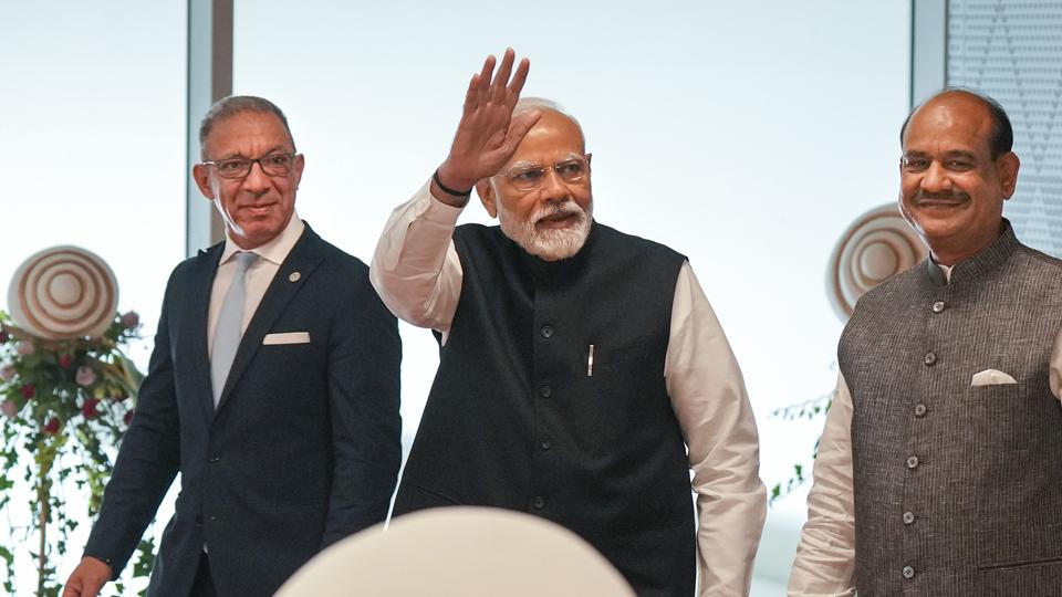 Prime Minister Narendra Modi with Lok Sabha Speaker Om Birla and President of the Inter-Parliamentary Union Duarte Pacheco arrives for the inauguration of the 9th G20 Parliamentary Speakers’ Summit (P20), at Yashobhoomi Convention Centre in New Delhi. (PTI) Prime Minister Narendra Modi with Lok Sabha Speaker Om Birla and President of the Inter-Parliamentary Union Duarte Pacheco arrives for the inauguration of the 9th G20 Parliamentary Speakers’ Summit (P20), at Yashobhoomi Convention Centre in New Delhi. (PTI)