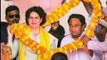 Congress general secretary Priyanka Gandhi with Madhya Pradesh Congress president Kamal Nath during a public meeting poll bound Madhya Pradesh’s Mandla district on Thursday. (PTI)