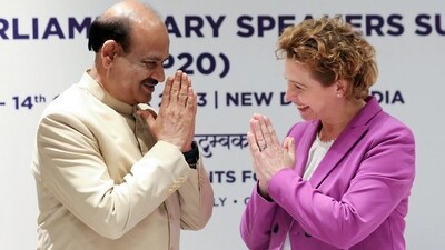 Lok Sabha Speaker Om Birla meets Nicola Beer, Vice President of the European Parliament, on the sidelines of the P20 Summit, in New Delhi on Saturday. (ANI Photo) (ANI)