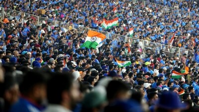 A huge crowd of cricket fans watch the match between India and Pakistan in the ICC Men's Cricket World Cup 2023, at Narendra Modi Stadium, in Ahmedabad. (BCCI Twitter)