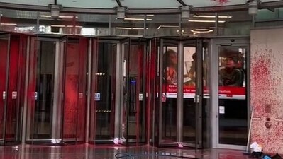 Israel-Hamas War: BBC building coated in red paint. Israel-Hamas War: BBC building coated in red paint.