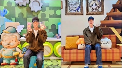 Meanwhile, Jin chose a casual look for the outing to the pop-up store. The steal-worthy outfit features a brown jumper, white tee and denim jeans. While the jumper features a collared neckline, front zip closure, full-length sleeves, buttoned cuffs, and an oversized silhouette, the T-shirt has a crew neckline and a relaxed fitting. (Instagram) Meanwhile, Jin chose a casual look for the outing to the pop-up store. The steal-worthy outfit features a brown jumper, white tee and denim jeans. While the jumper features a collared neckline, front zip closure, full-length sleeves, buttoned cuffs, and an oversized silhouette, the T-shirt has a crew neckline and a relaxed fitting. (Instagram)