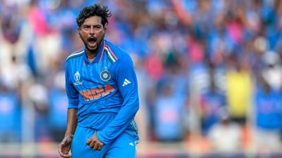 India's Kuldeep Yadav celebrates after taking the wicket of Pakistan's Iftikhar Ahmed during the 2023 ICC Men's Cricket World Cup match vs Pakistan (AFP)