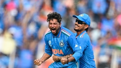 Kuldeep Yadav dismissed the dangrous Saud Shakeel and Iftikhar Ahmed in the 33rd over. (AFP) Kuldeep Yadav dismissed the dangrous Saud Shakeel and Iftikhar Ahmed in the 33rd over. (AFP)