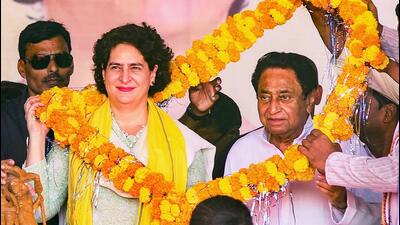 Congress general secretary Priyanka Gandhi with Madhya Pradesh Congress president Kamal Nath during a public meeting poll bound Madhya Pradesh’s Mandla district on Thursday. (PTI) Congress general secretary Priyanka Gandhi with Madhya Pradesh Congress president Kamal Nath during a public meeting poll bound Madhya Pradesh’s Mandla district on Thursday. (PTI)