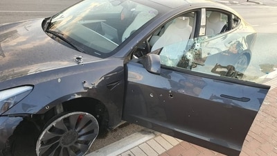 Damaged Tesla car after Hamas attack. (X/@mluggy) Damaged Tesla car after Hamas attack. (X/@mluggy)