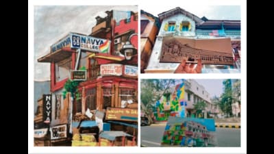 Drawings of Delhi’s Chandni Chowk and Lodhi art district and (above right) the distinctive mill-era chawls of Mumbai. Drawings of Delhi’s Chandni Chowk and Lodhi art district and (above right) the distinctive mill-era chawls of Mumbai.