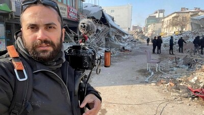 In this photo provided by Reuters, Issam Abdallah, a videographer for the news agency, poses for a selfie while working in Maras, Turkey, in February 11, 2023. (Issam Abdallah/Reuters via AP)