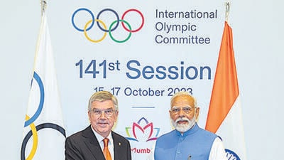 Mumbai, Oct 14 (ANI): Prime Minister Narendra Modi being welcomed by IOC President Thomas Bach on his arrival for the Opening Ceremony of the 141st IOC Session, in Mumbai on Saturday. (ANI Photo) (IOC media X) Mumbai, Oct 14 (ANI): Prime Minister Narendra Modi being welcomed by IOC President Thomas Bach on his arrival for the Opening Ceremony of the 141st IOC Session, in Mumbai on Saturday. (ANI Photo) (IOC media X)