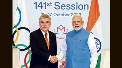 PM Modi with the IOC president Thomas Bach on Saturday. (PTI) PM Modi with the IOC president Thomas Bach on Saturday. (PTI)