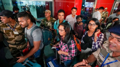 Indian nationals evacuated from Israel under Operation Ajay arrive at Indira Gandhi International airport, in New Delhi. (PTI) Indian nationals evacuated from Israel under Operation Ajay arrive at Indira Gandhi International airport, in New Delhi. (PTI)