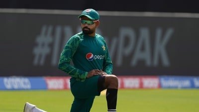 Babar Azam during a practice session ahead of the ICC Men's Cricket World Cup 2023 match between India and Pakistan, at Narendra Modi Stadium (PTI) Babar Azam during a practice session ahead of the ICC Men's Cricket World Cup 2023 match between India and Pakistan, at Narendra Modi Stadium (PTI)