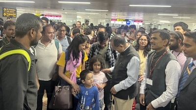 Minister of State for External Affairs Rajkumar Ranjan Singh received the Indian nationals evacuated from Israel under 'Operation Ajay' at New Delhi airport. (PTI) Minister of State for External Affairs Rajkumar Ranjan Singh received the Indian nationals evacuated from Israel under 'Operation Ajay' at New Delhi airport. (PTI)